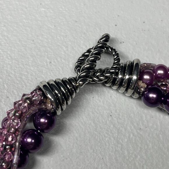 Twisted Multi Strand Purple Beaded Faux Pearl Necklace 17" Statement Jewelry - Picture 7 of 8